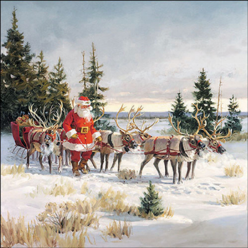 Der Weihnachtsmann mit seinen Rentieren  - Servietten 33x33cm