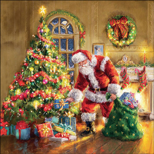 Santa legt Geschenke unterm Baum  - Servietten 33x33cm
